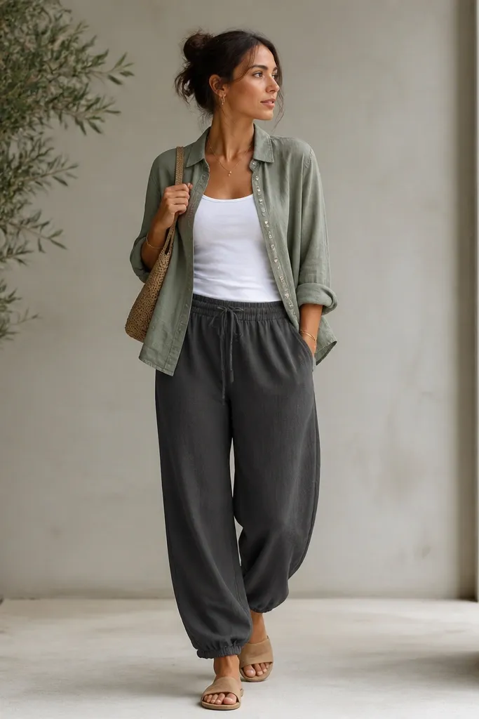 Charcoal baggy joggers are matched with a plain white tank. Over it, an open sage-green overshirt in a lightweight woven fabric is worn, with the hem falling around the upper hip. The outfit includes tan sandals and a small shoulder bag.