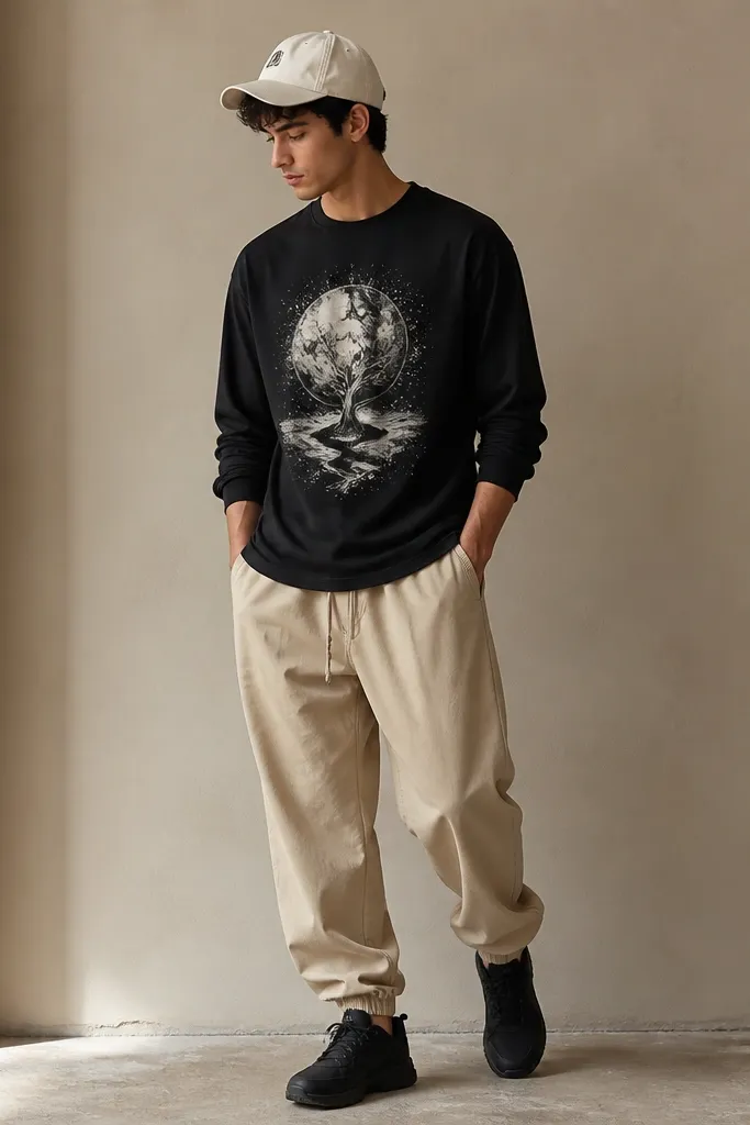 Sand-colored baggy joggers are shown with a black long-sleeve graphic shirt. The graphic is centered, and the sleeves are slightly cuffed. A white baseball cap and black sneakers complete the look.