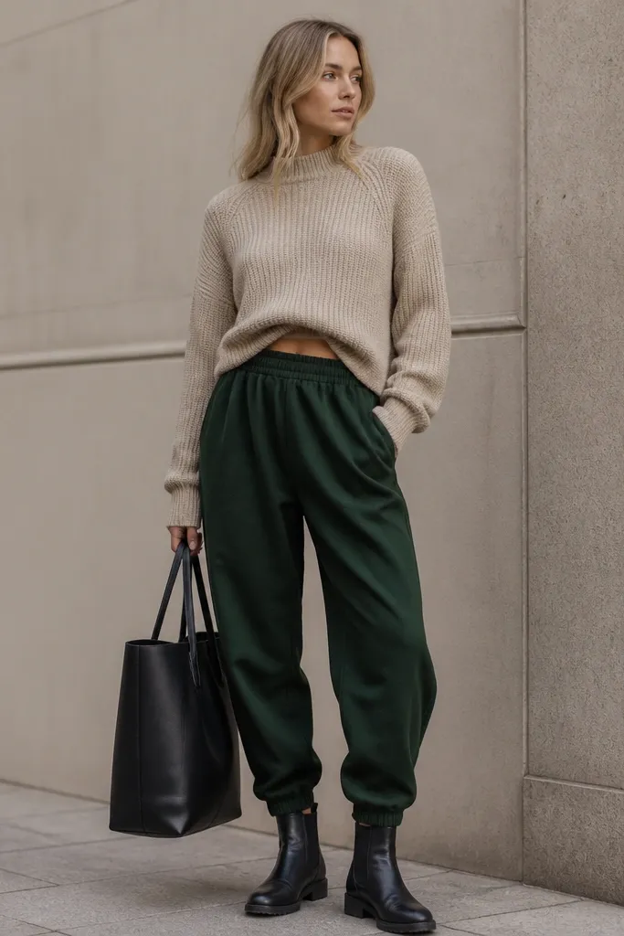 Forest green baggy joggers with a tapered ankle are paired with an oatmeal knit sweater. The sweater is worn slightly cropped, showing the waistband. Black Chelsea boots and a structured tote are included.