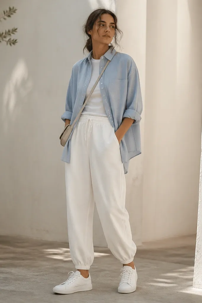 White baggy joggers are styled with a light blue chambray button shirt worn open over a white tee. Sleeves are rolled to the forearm. The outfit includes white sneakers and a small crossbody bag.