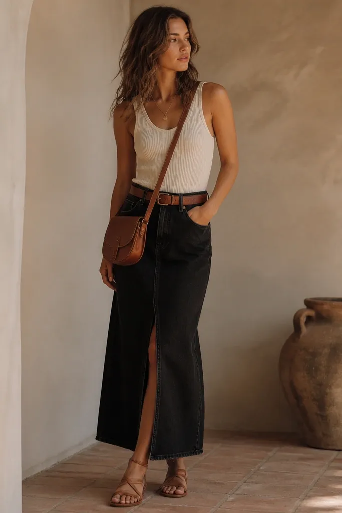 A warm-toned look: cream ribbed tank tucked into a long black denim skirt with a cognac leather belt. The shoes are tan strappy sandals. A crossbody bag in caramel brown sits at the hip.