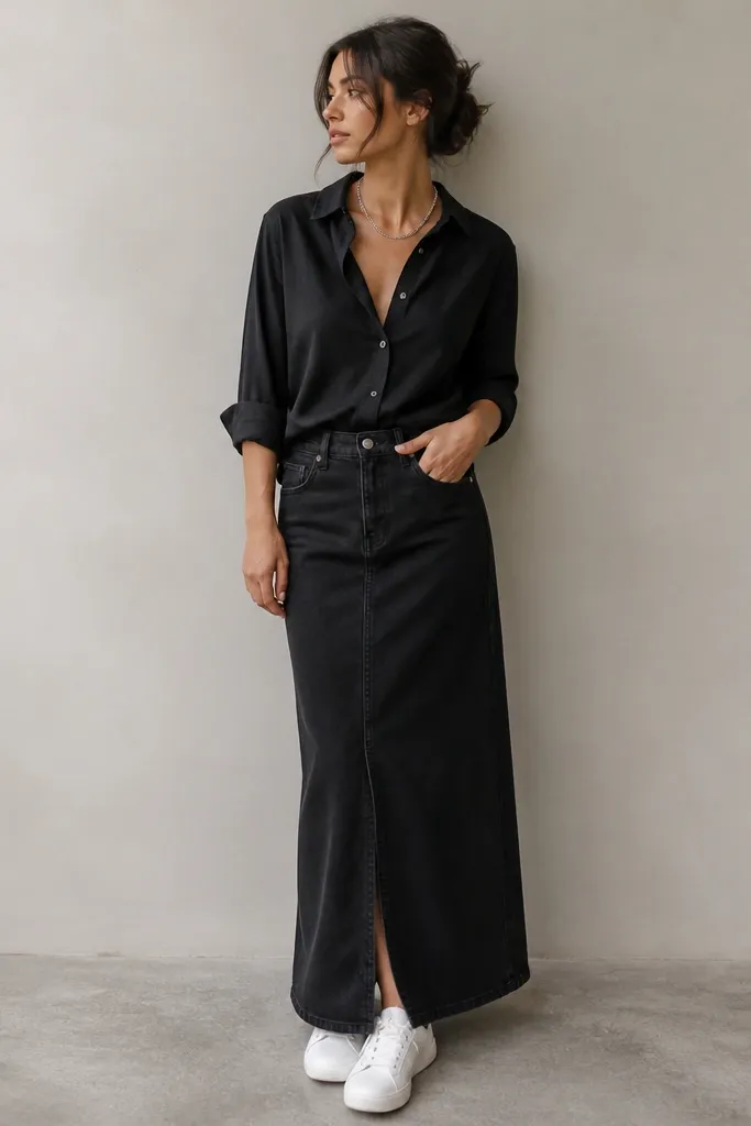 A dark monochrome outfit: a black button-up shirt partially tucked into a long black denim skirt. Sleeves are rolled to mid-forearm. The model wears white sneakers and a silver chain necklace.