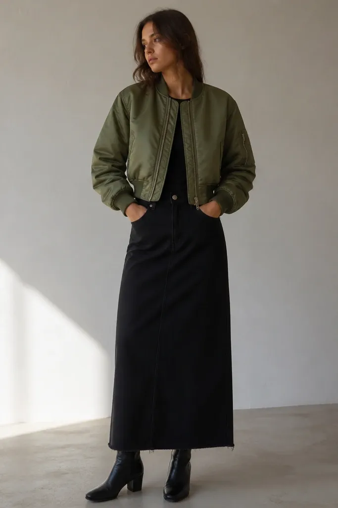 An olive bomber jacket worn with a long black denim skirt. The jacket is cropped to the waist and has ribbed cuffs. The shoes are black ankle boots with a slight heel.