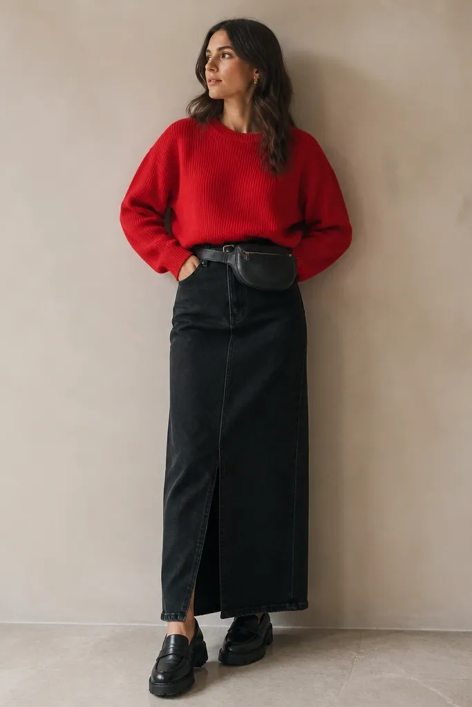 A bright red knit sweater tucked into a long black denim skirt. A black belt bag sits across the waist. Shoes are black chunky loafers or low boots.