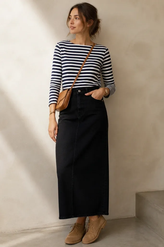 A navy-and-white striped long sleeve top tucked into a long black denim skirt. Tan desert boots ground the look. A simple watch and small crossbody bag in tan leather sit at the hip.