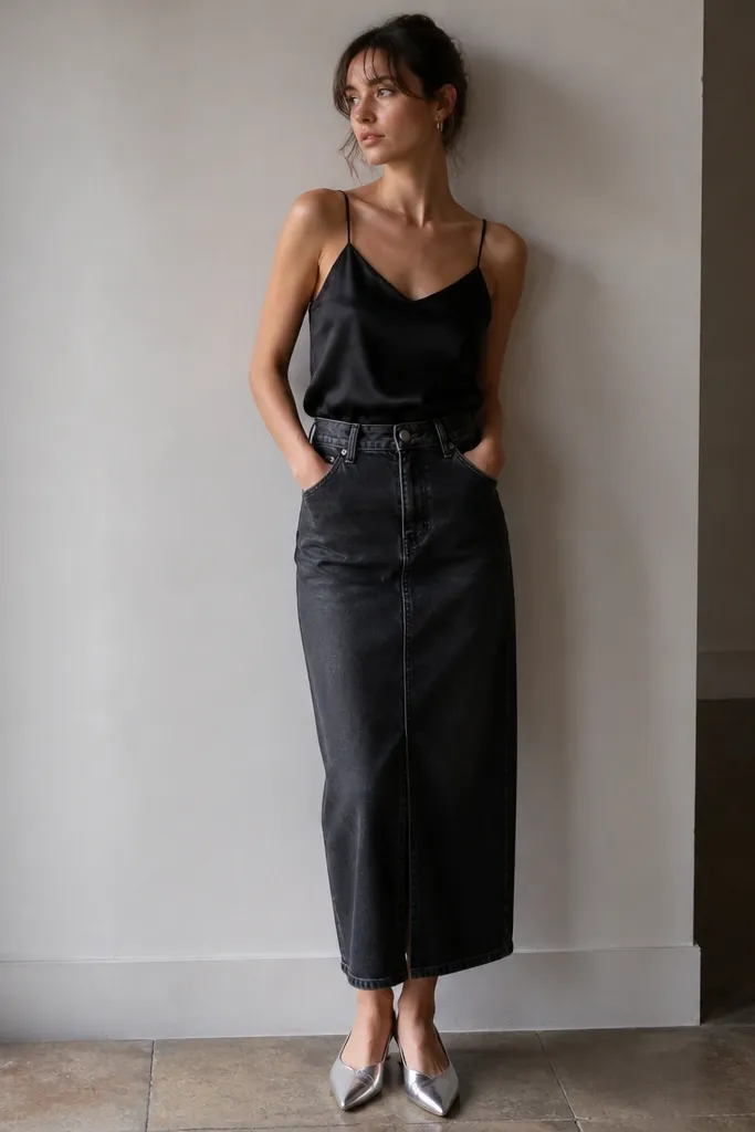 A black satin camisole worn under a long black denim skirt. The denim has a slight sheen from wear. Silver pointed flats and a small silver hoop earring show in the frame.