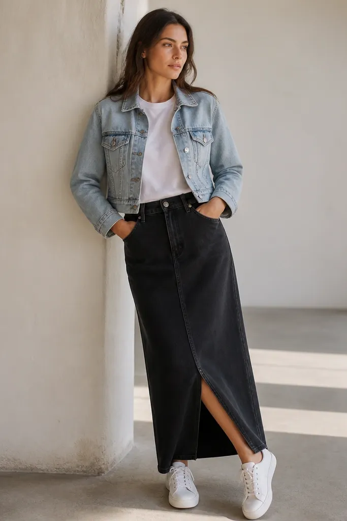 A light-wash denim jacket layered over a white tee, paired with a long black denim skirt. White sneakers are visible. The jacket hem sits at the waist.