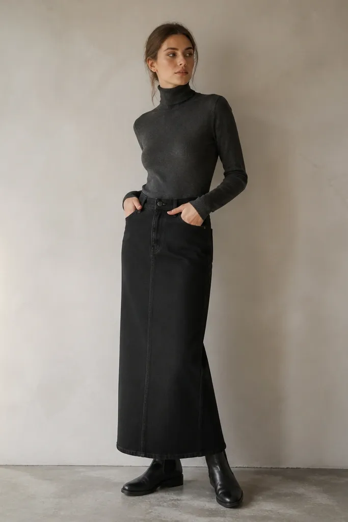 A fitted charcoal turtleneck tucked into a long black denim skirt. The model wears black Chelsea boots with elastic sides. A long coat is not present; the outfit stays focused on the skirt length.