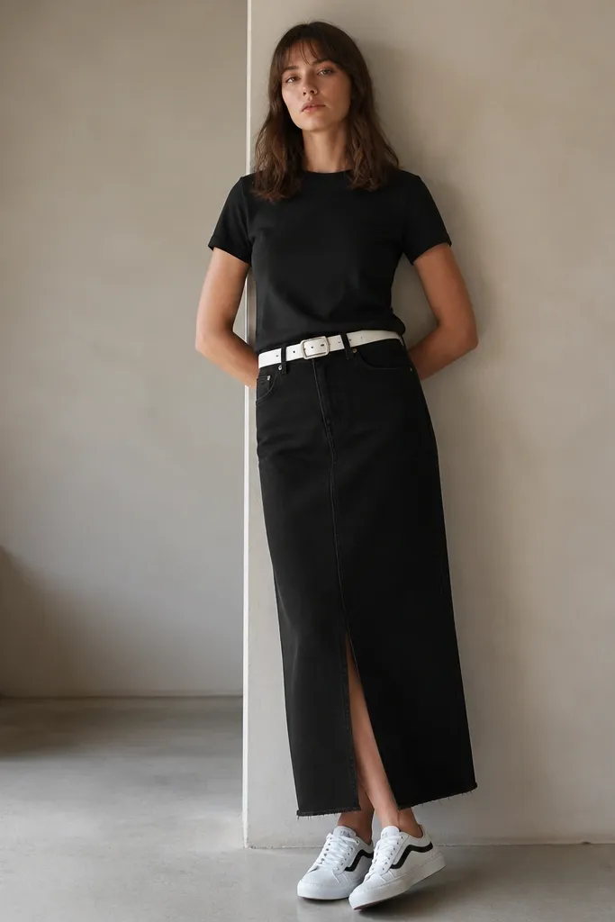 A black graphic tee tucked into a long black denim skirt. A white belt breaks up the black. The shoes are low-profile sneakers in white with a black stripe.