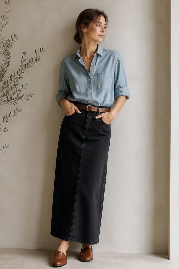 A light chambray button-up shirt worn with rolled sleeves, tucked into a long black denim skirt. Brown leather loafers and a tan leather belt show in the frame.