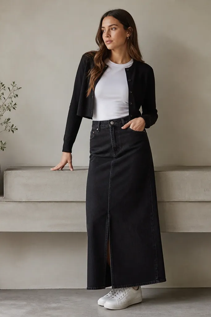 A cropped black cardigan worn over a white fitted top. The cardigan ends at the waistband of a long black denim skirt. White sneakers complete the casual look.