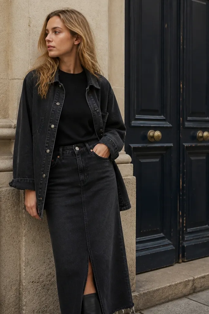 Budget black denim skirt outfit with long denim looks