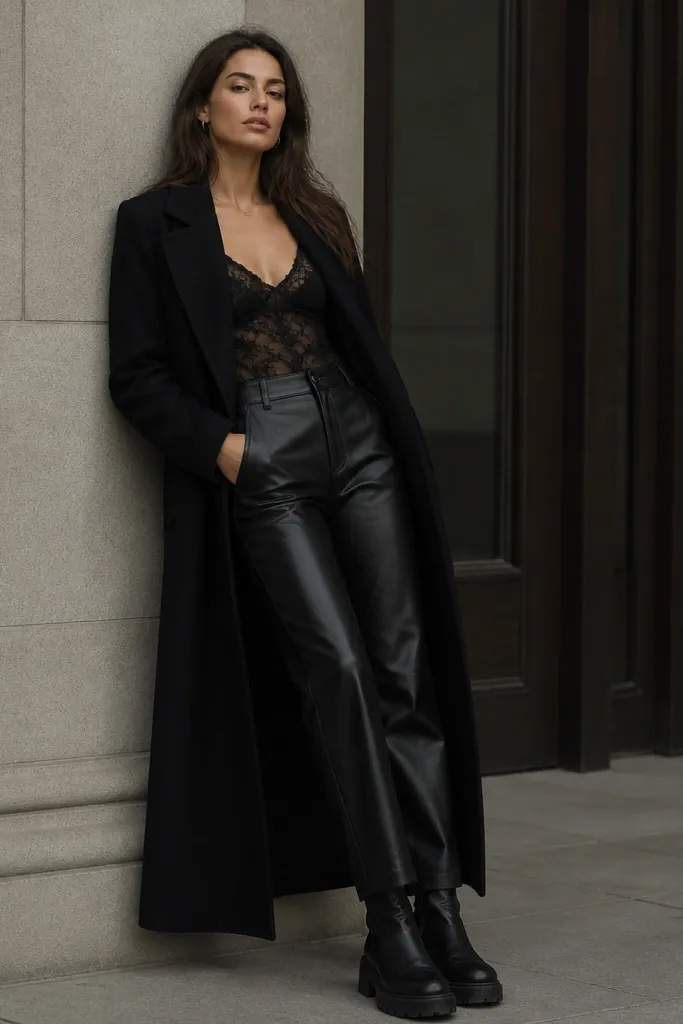 A black lace tank top paired with black faux leather pants. The pants have a straight leg and a high rise. The look includes a long black coat and chunky black boots.