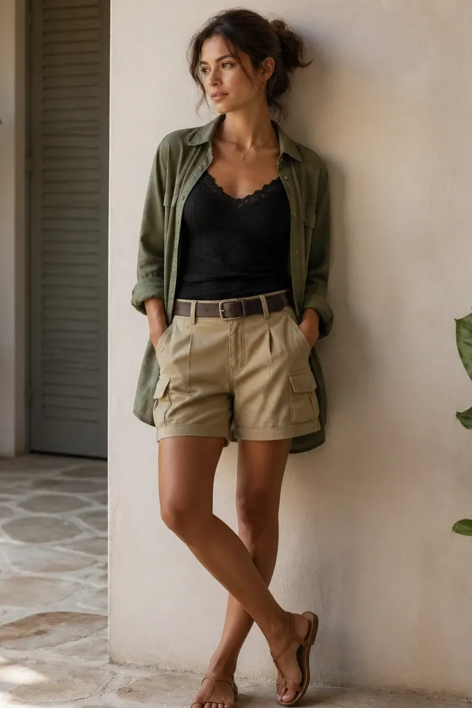 A black lace tank top tucked into khaki utility shorts with cargo pockets. The outfit includes a belt and tan sandals. A lightweight olive overshirt is worn open.
