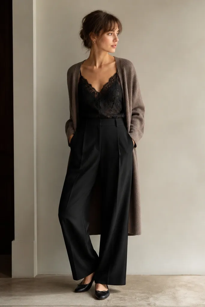 A black lace tank top tucked into high-waist black wide-leg trousers. The shoes are simple black ballet flats. A long cardigan hangs open over the outfit.