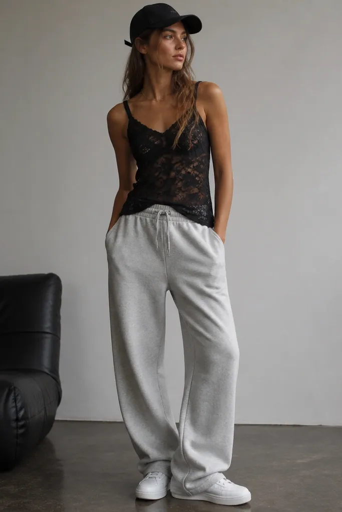 A black lace tank top worn with heather gray sweatpants and white low-top sneakers. A black baseball cap sits on the head. The tank is slightly tucked at the front.