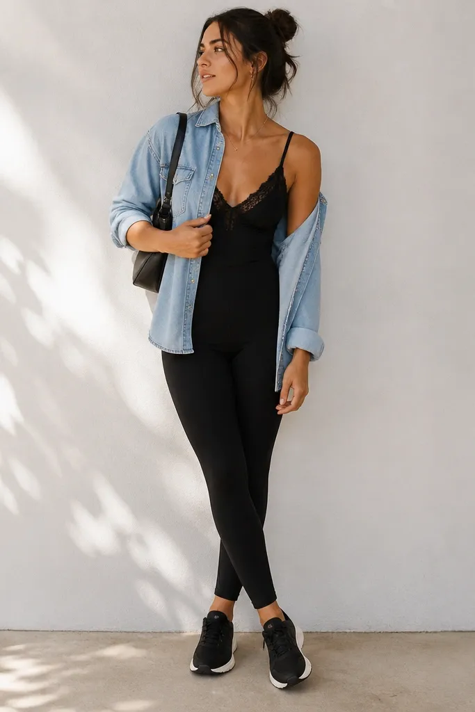 A black lace tank top with a light blue denim button-up worn open and slightly off the shoulders. High-waist black leggings are underneath. The outfit includes black sneakers and a small shoulder bag.
