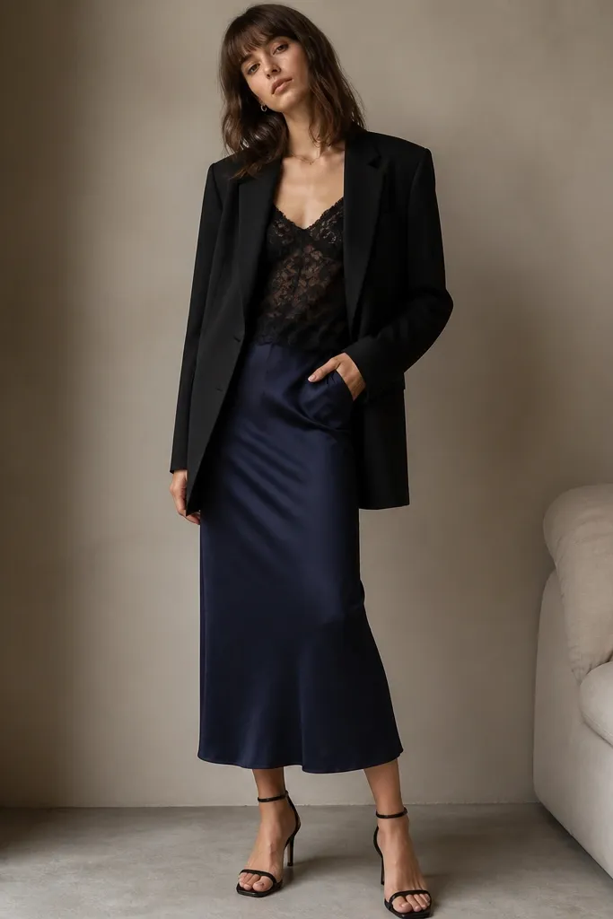 A black lace tank top layered over a navy midi slip skirt. The slip skirt has a subtle sheen and a straight hem. The look includes a black blazer and heeled sandals.