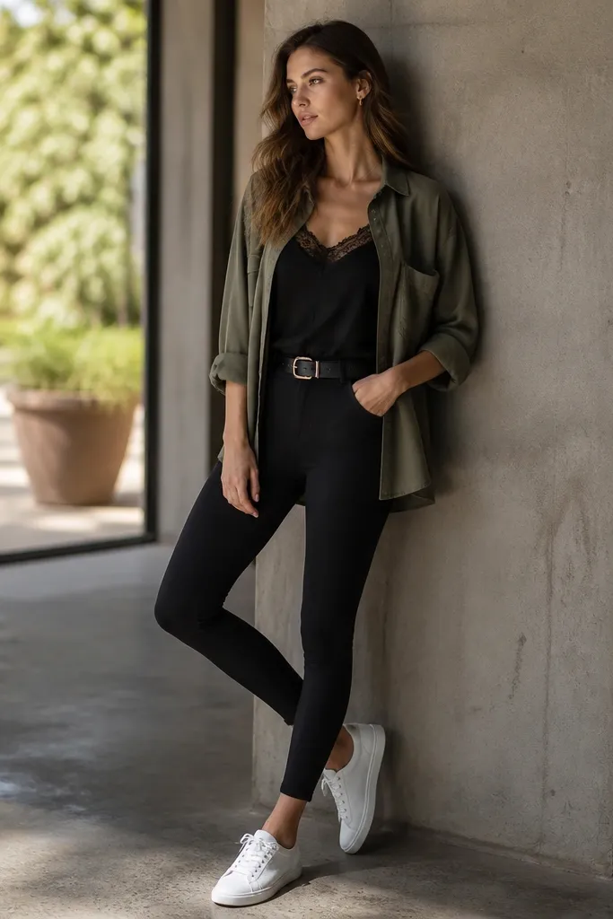 A black lace tank top paired with black leggings. An olive overshirt is worn open, with a belt at the waist. The outfit includes white sneakers.