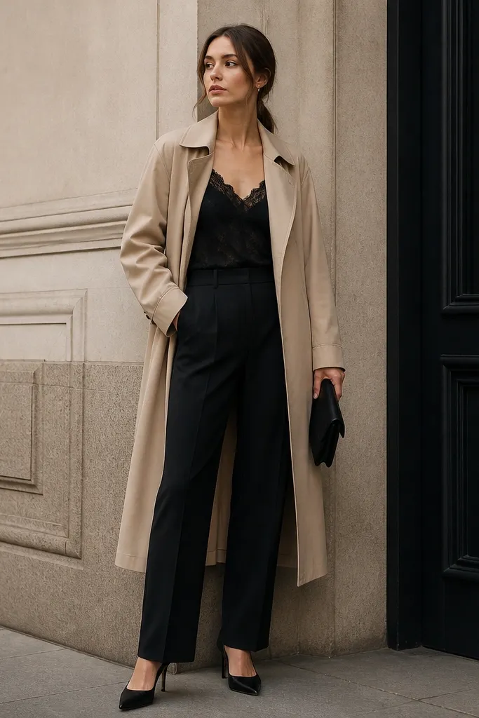 A black lace tank top worn under a beige trench coat. The bottom is black straight-leg trousers. The shoes are black heeled pumps. A black clutch sits in hand.