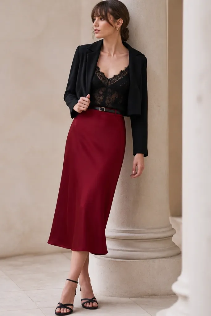A black lace tank top tucked into a deep red midi skirt with a smooth fabric. Black sandals and a thin black belt are worn. A cropped black jacket is on top.