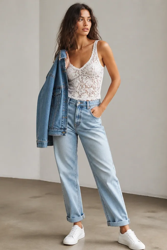 A white lace tank top worn with light wash straight-leg jeans. The jeans are cuffed at the ankle and paired with clean white low-top sneakers. A denim jacket is draped over one shoulder.