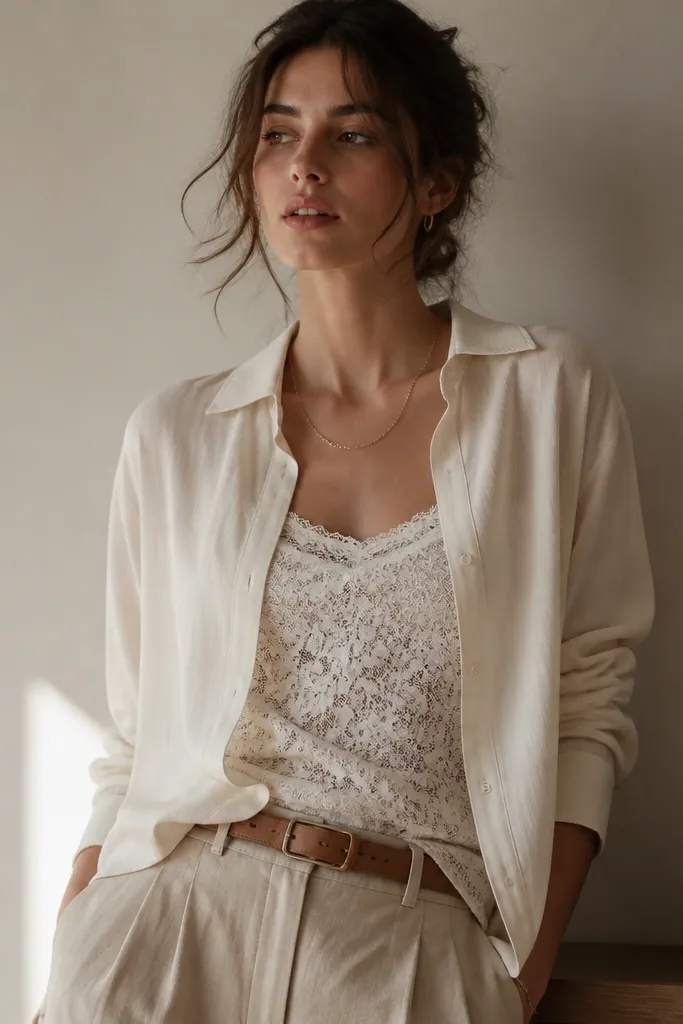 A white lace tank layered under a cream button-up shirt. The shirt is half-tucked at the front and left open at the sides. The outfit includes a tan belt and light beige trousers.
