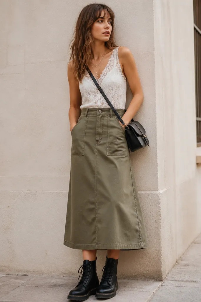 A white lace tank tucked into an olive green utility midi skirt with pockets. The skirt has a slight A-line shape. The look is paired with black combat boots and a crossbody bag.