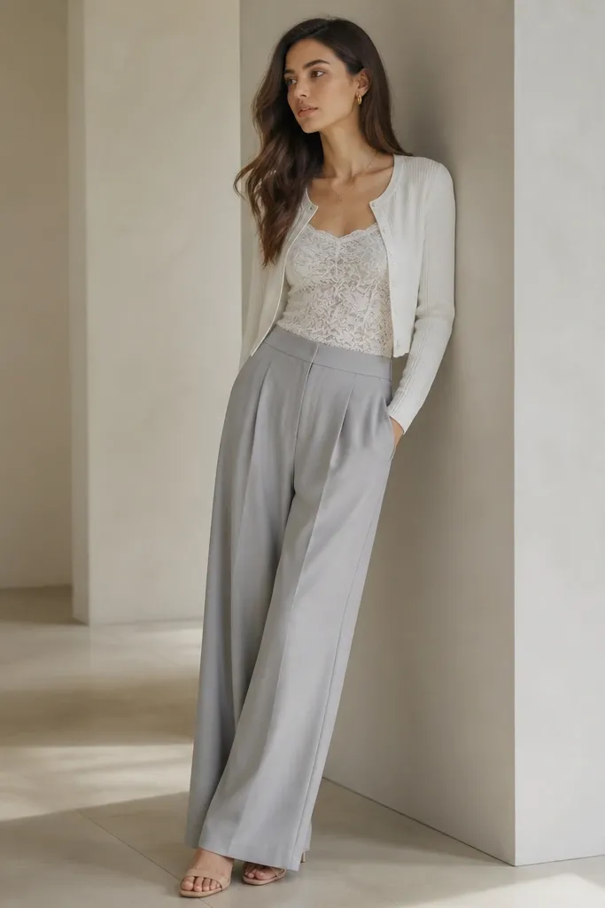A white lace tank worn with light gray wide-leg trousers that fall straight to the floor. The look includes a fitted cropped cardigan in white and nude heels.