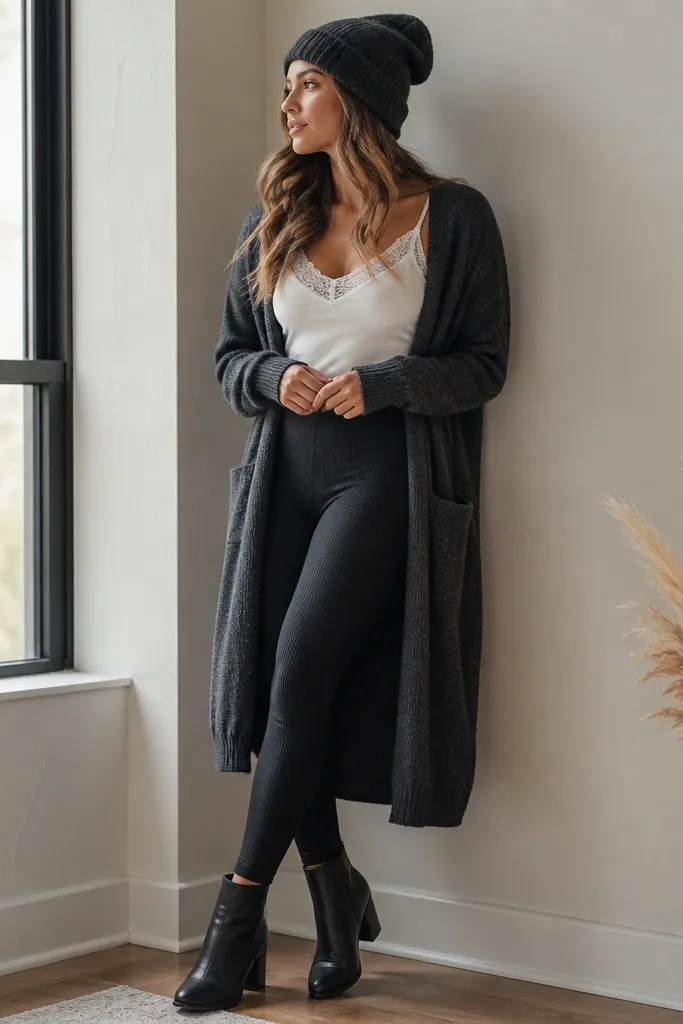 A white lace tank on top of black ribbed leggings. A longline cardigan in dark gray is worn open. The outfit includes black ankle boots and a knit beanie.