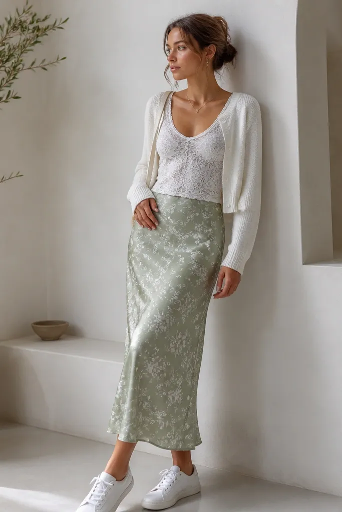 A white lace tank worn with a sage green floral slip skirt. The slip skirt has thin straps and a soft sheen. The outfit includes white sneakers and a cropped white cardigan.