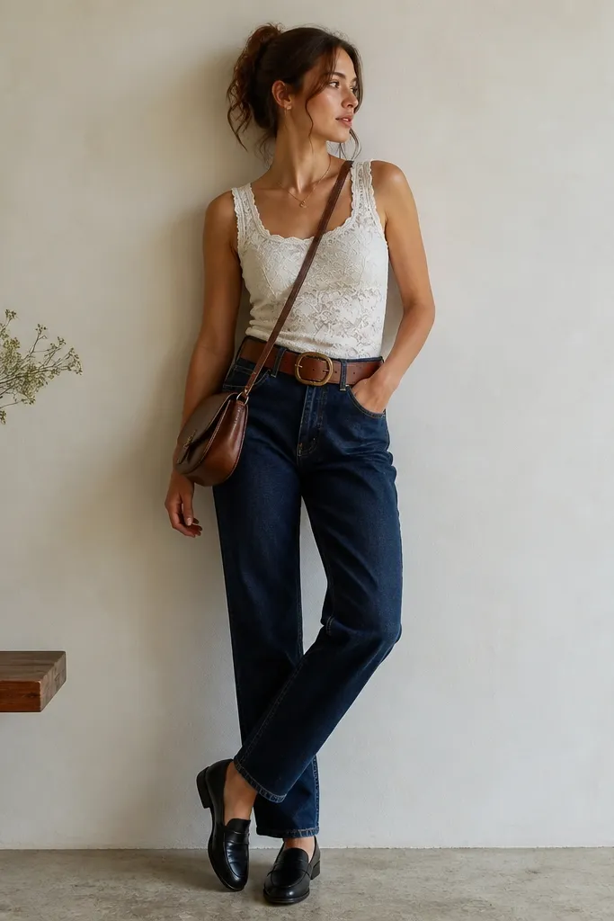 A white lace tank tucked into dark wash straight jeans. A wide rust-brown belt sits at the waist. The look includes black loafers and a crossbody in brown.