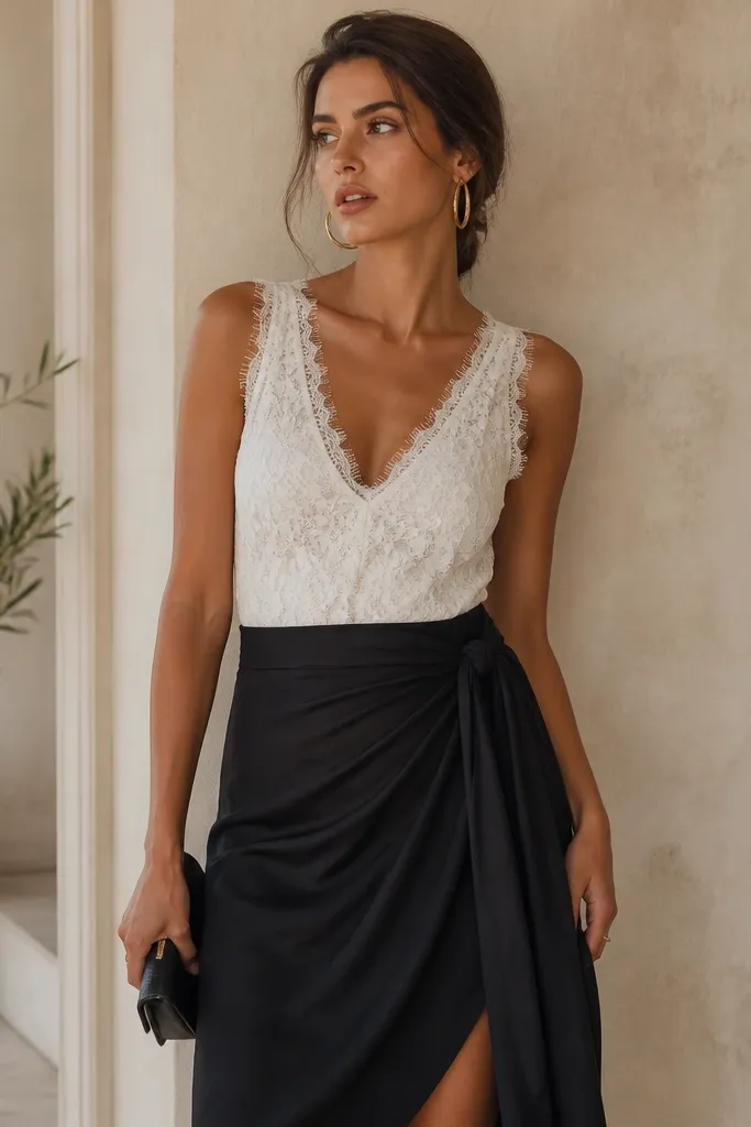 A white lace tank tucked into a black wrap skirt with a visible tie at the side. Gold hoop earrings and a small black clutch complete the look.