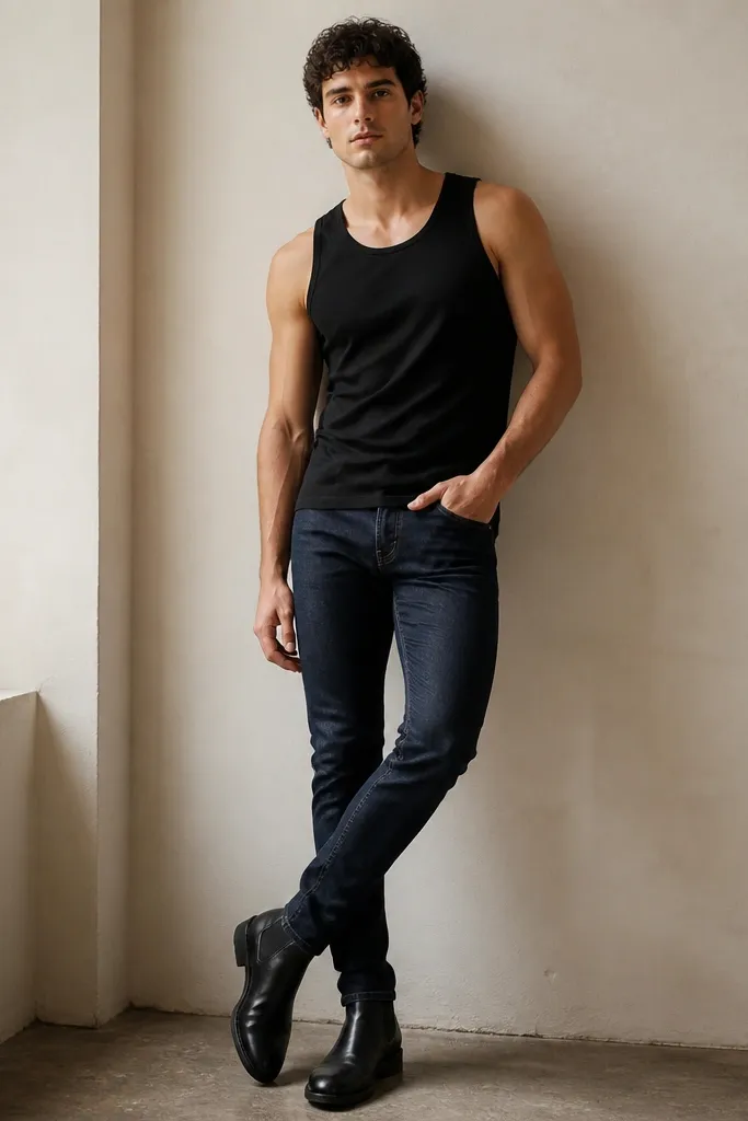 A smooth, non-ribbed black tank is worn over dark indigo skinny jeans. The jeans are clean with minimal distress. Black Chelsea boots sit at the ankle, showing a sleek elastic panel and a polished toe.