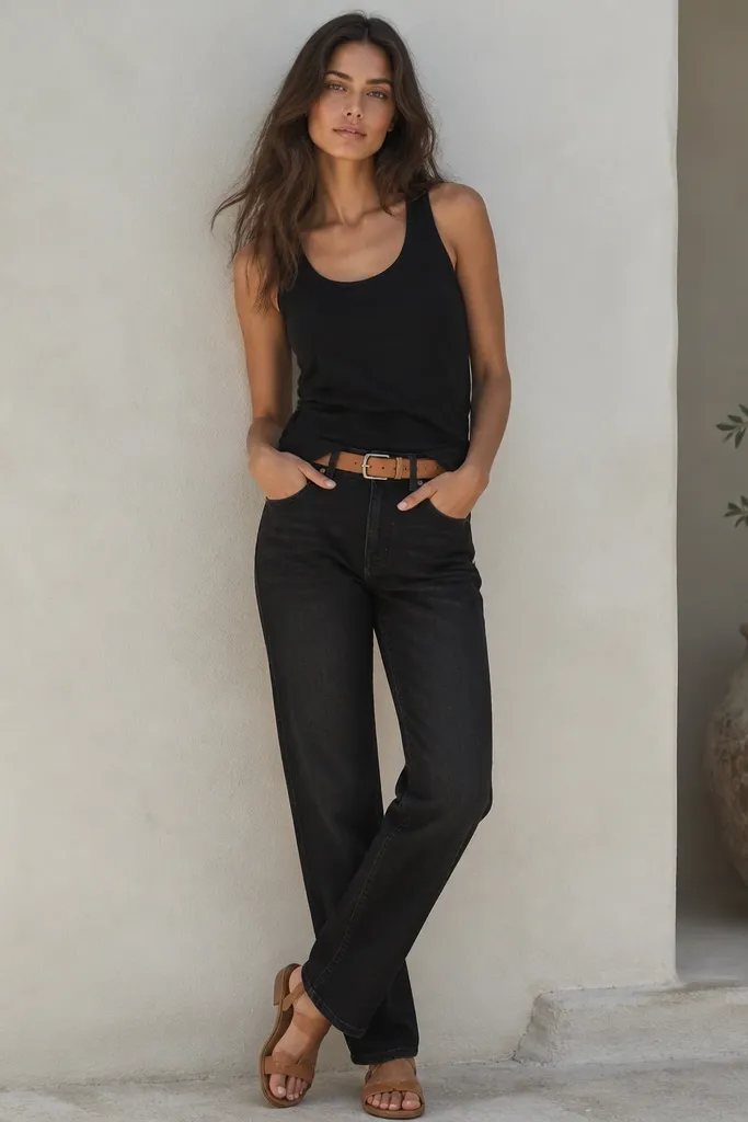 A black tank hangs over black straight-leg jeans with very subtle whiskering at the front. A tan leather belt is visible at the waist. The feet are in tan sandals with a simple strap design.