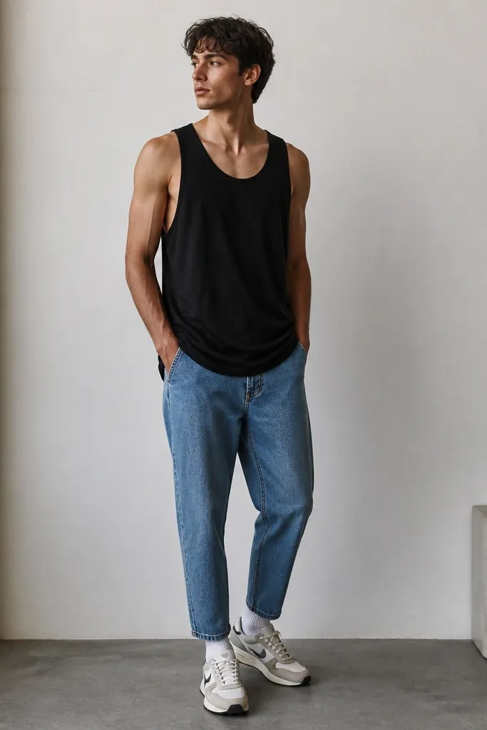 An oversized black tank is worn untucked and slightly drapes at the hips. The jeans are relaxed taper with a looser thigh and a narrower ankle. Retro sneakers show thicker soles, and crew socks peek above the shoe.