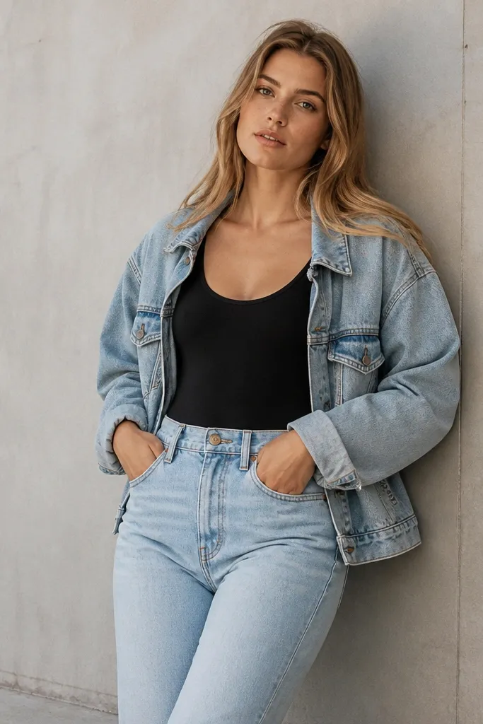 A black tank is tucked into light-wash straight jeans. A light denim jacket sits open over the tank. The jeans show a brighter wash with mild fading along the thighs.