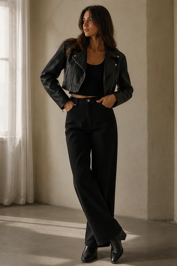 A black tank is worn under a cropped black moto jacket. The jeans are black wide-leg with a smooth, drapey fall. The outfit is styled with ankle boots, and the jacket hem sits above the waistband.