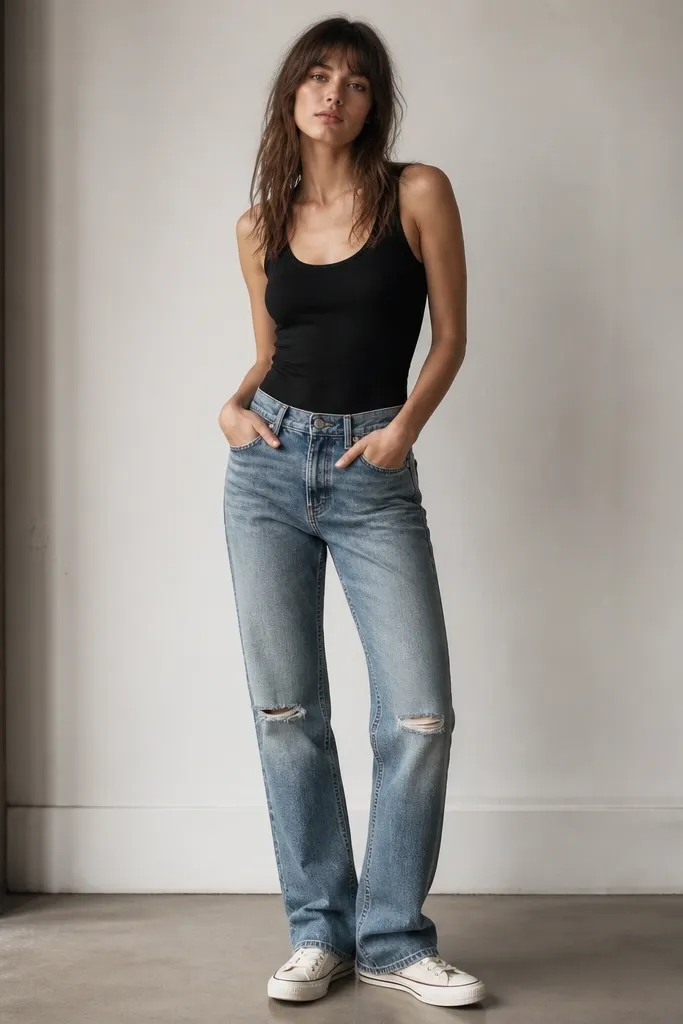 A black tank is tucked into mid-rise distressed straight jeans with small rips at the knees and light fading at the thighs. Canvas sneakers in off-white sit under a hem with a slight break.