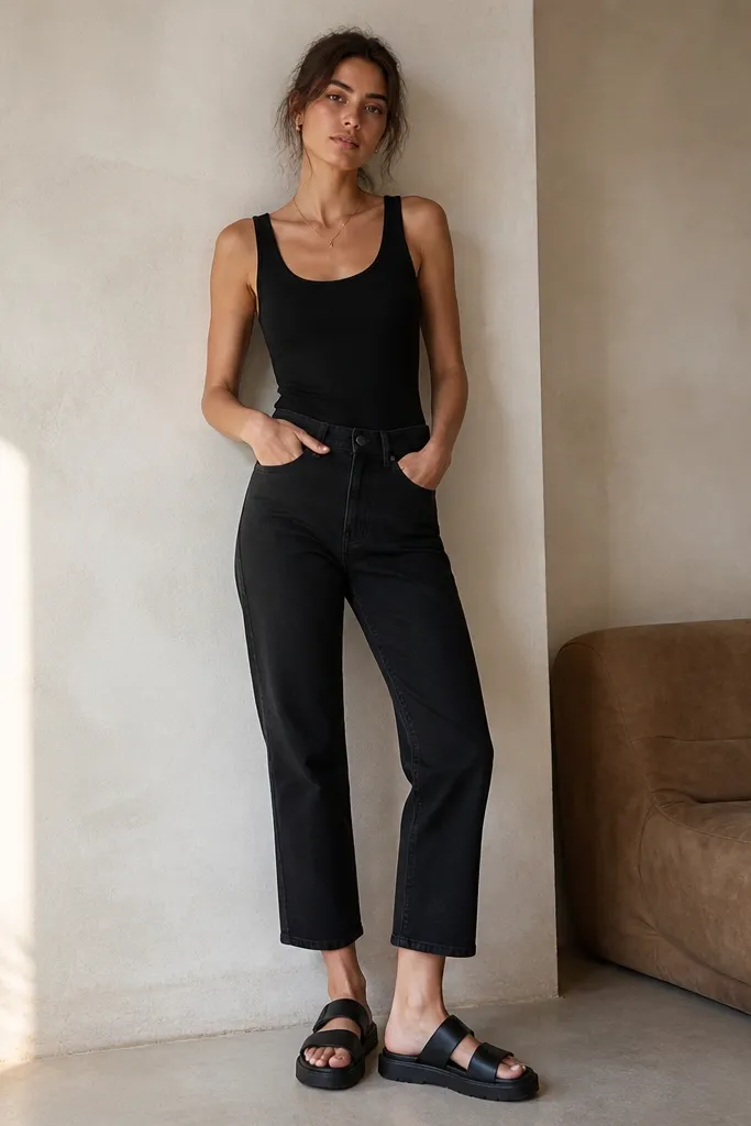 A black tank is worn tucked into black cropped jeans that end above the ankle. The jeans have a clean hem with no cuff. Chunky sandals in black with a thick strap sit under the cropped hem.