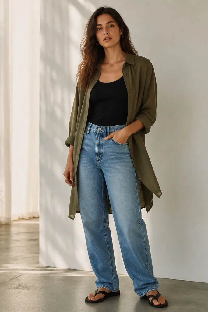 A black tank is tucked slightly into mid-wash boyfriend jeans with a relaxed fit. A longline open shirt in muted olive is worn over the tank and jeans. The hem of the jeans sits loose around the ankle with a soft break.