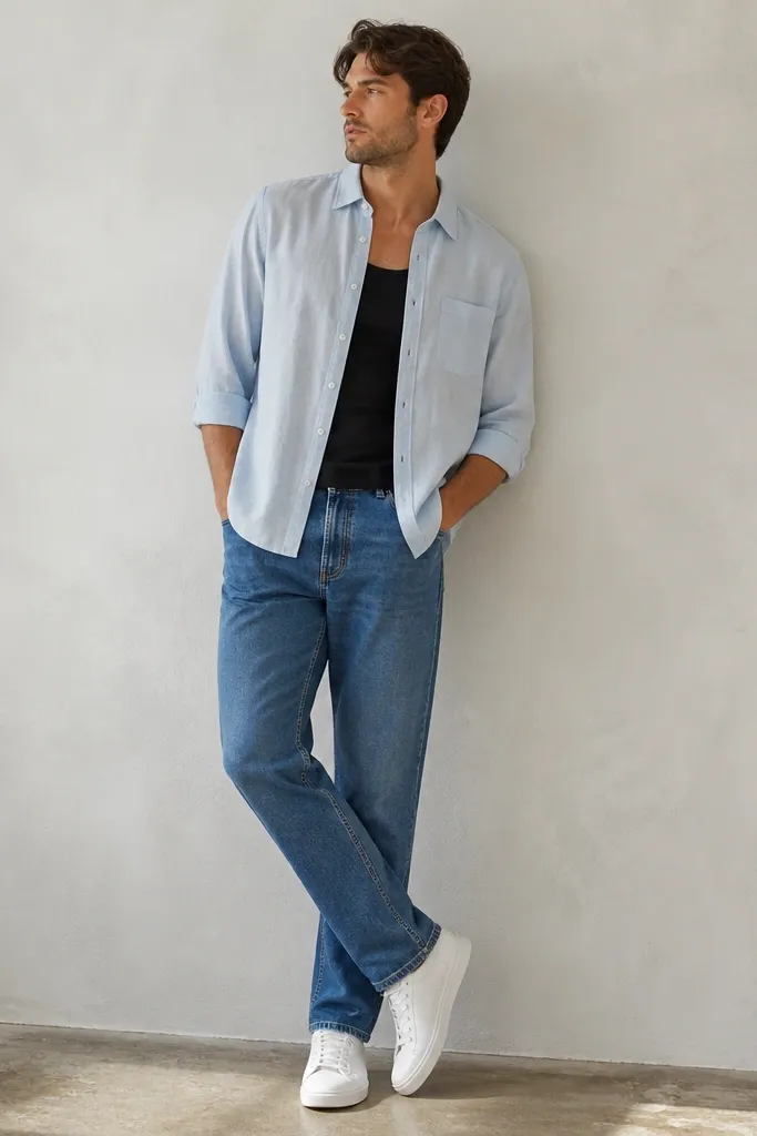 A light blue-tinged white chambray shirt worn buttoned halfway over a black tank. Sleeves are rolled to just below the elbow. The shirt hem is untucked. The outfit pairs with medium-wash straight-leg jeans and white sneakers.