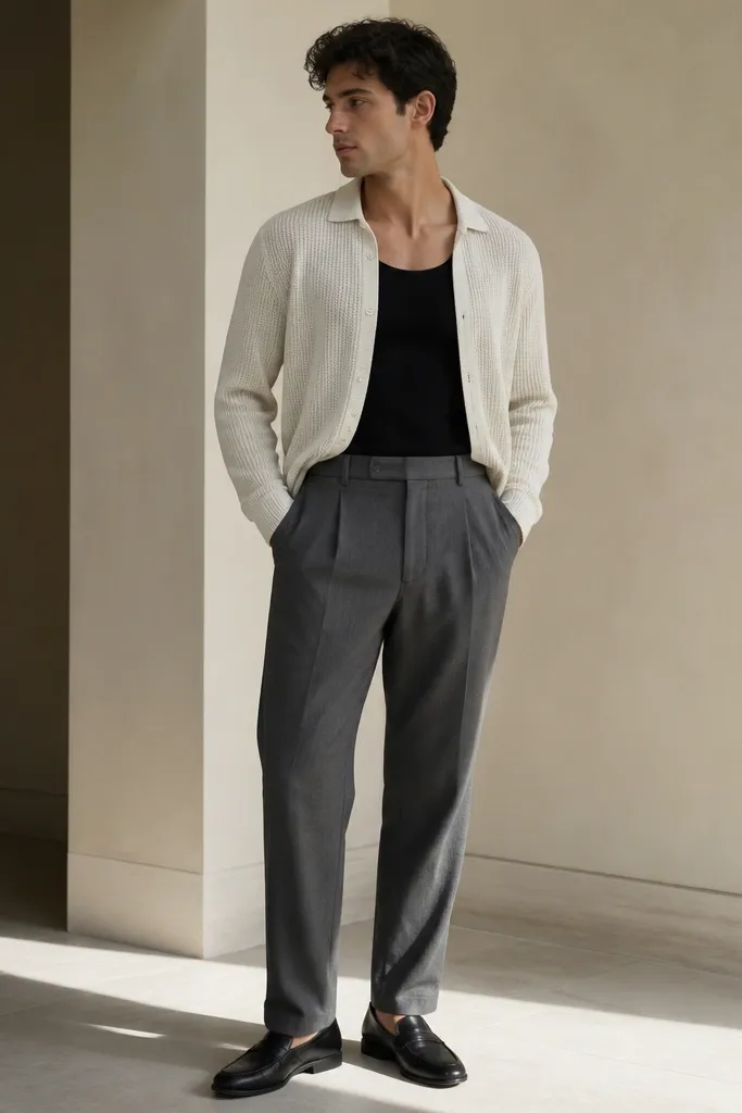 A white knit button-up worn slightly open over a black fitted tank. The knit shirt has a soft drape and clean buttons. The hem is tucked fully into high-waisted gray trousers. The sleeves are down, cuffs touching the wrist. The shoes are loafers in black.