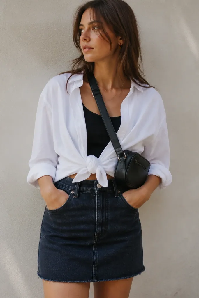 A white oversized button-up worn open, tied into a knot at the bottom center over a black tank. The shirt sleeves are rolled to mid-forearm. A dark denim mini skirt sits high on the waist. A black belt bag crosses the body.