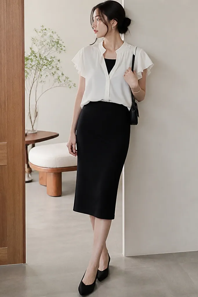 A white blouse with ruffle sleeves worn over a black tank. The blouse is buttoned at the chest and slightly tucked into a black pencil skirt. The neckline sits high, showing a clean line of the tank. The look includes black pointed-toe flats and a small shoulder bag.