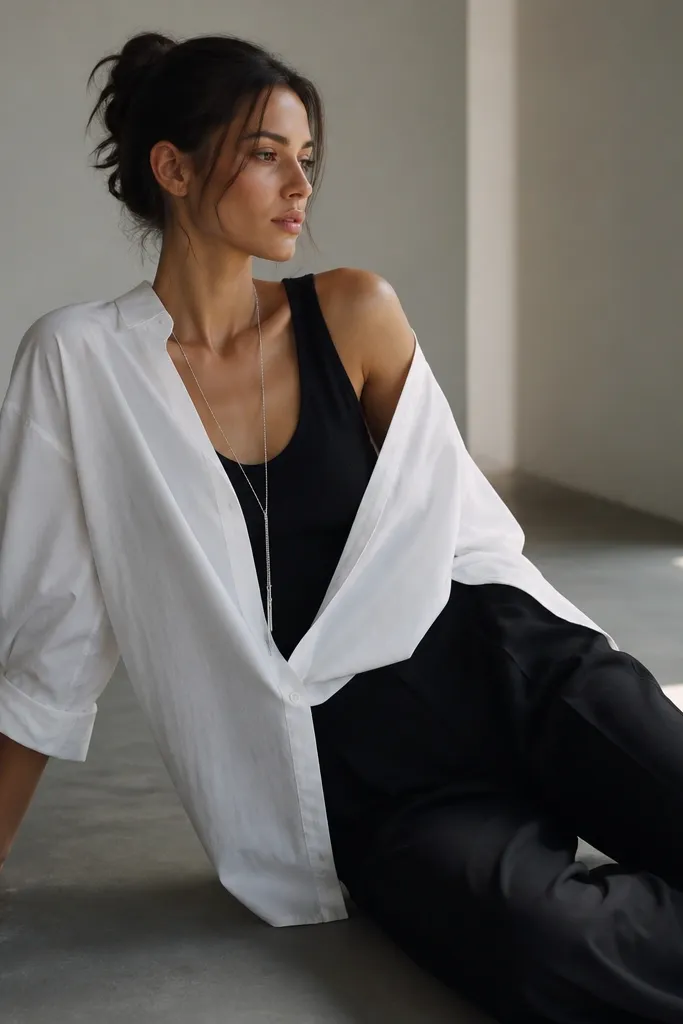 A white oversized button-up worn off one shoulder, draping diagonally over a black tank. The shirt is unbuttoned and the fabric falls in soft folds. The tank neckline is clearly visible, and the outfit is paired with black wide-leg pants. A long silver necklace hangs down the center.