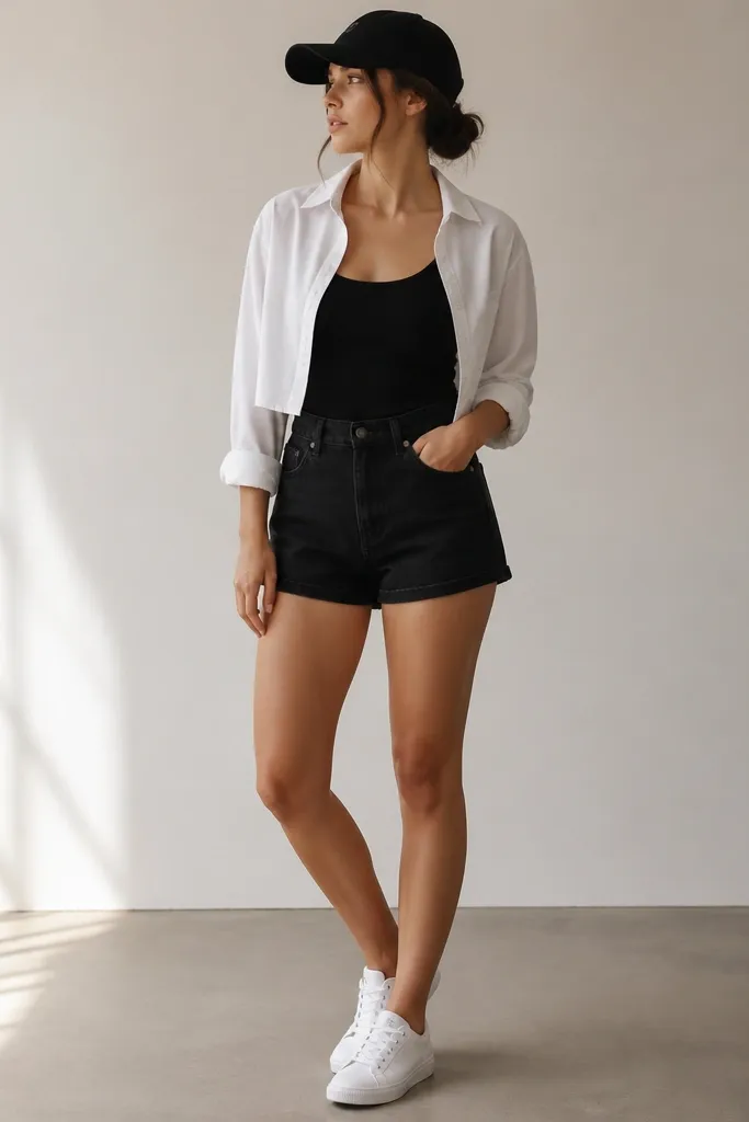 A white cropped button-up worn open over a black tank. The sleeves are rolled and the shirt hem ends above the waistband. High-rise black shorts sit at the waist. The outfit includes white low-top sneakers and a black baseball cap.