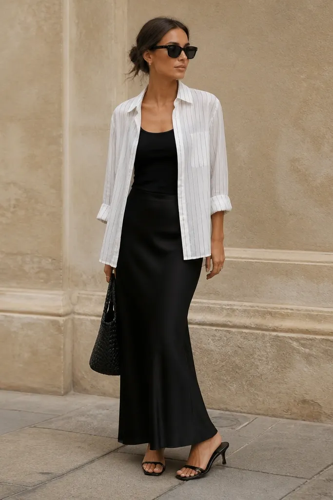 A white button-up with a faint vertical stripe pattern, worn open over a black tank. The shirt hangs straight, untucked. A black maxi skirt with a slight sheen falls to the ankles. The look includes heeled sandals and dark sunglasses.