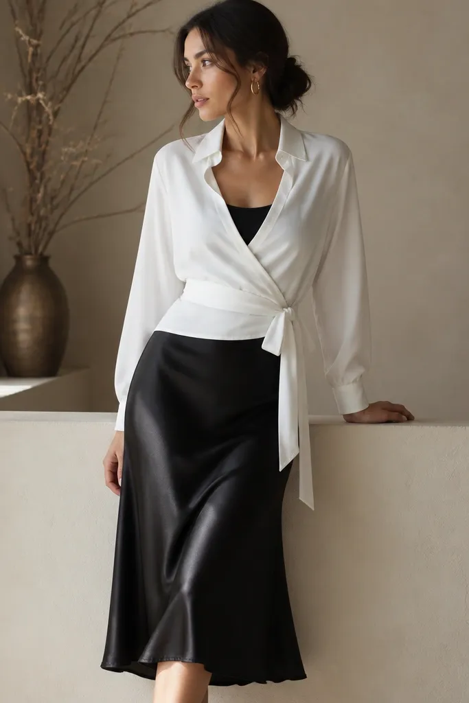 A white wrap-style button shirt with a diagonal front and tie waist, worn over a black tank. The shirt ties at the waist and the front panels overlap. The outfit includes a black satin midi skirt that drapes and catches light. Accessories include a slim belt-like tie and small hoop earrings.