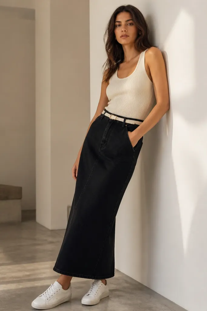 A model wearing a cream ribbed tank tucked into a black denim maxi skirt, with a narrow white belt at the waist and clean white low-top sneakers. The skirt hem hits around the ankle, and the denim has a slightly structured look.